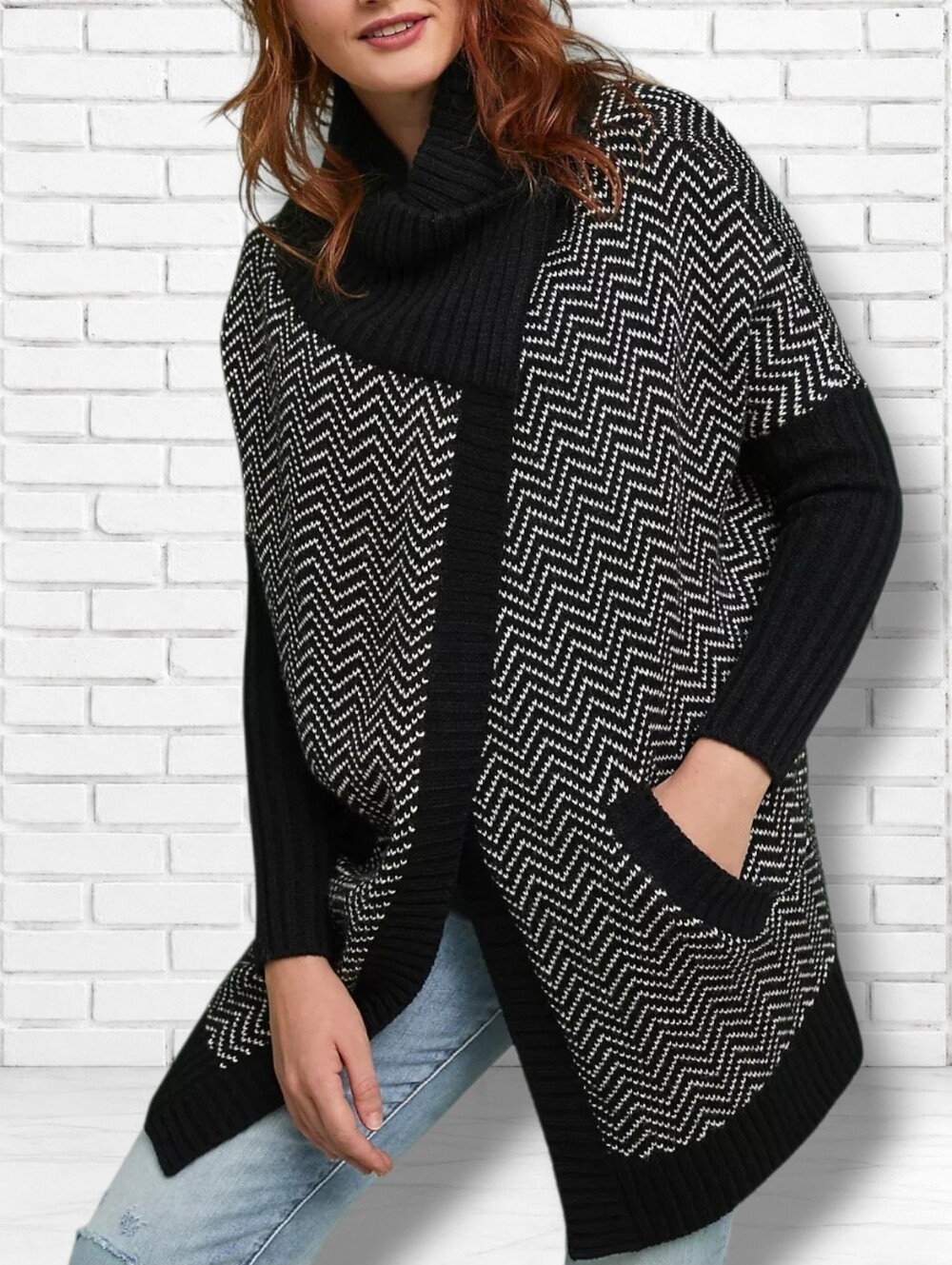 Reitmans Size M Herringbone Chunky Knit Long Line Cowlneck Cardigan